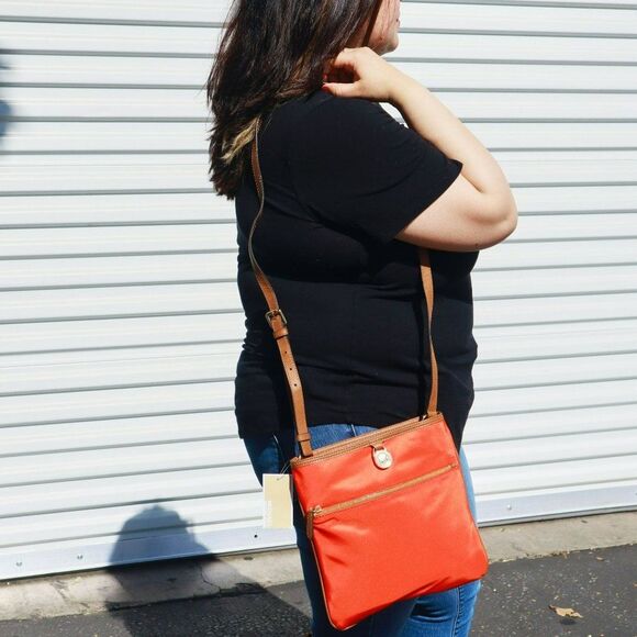 NWT Michael Kors Nylon Large Pocket Crossbody Bag Mandarin Orange - Picture 2 of 11